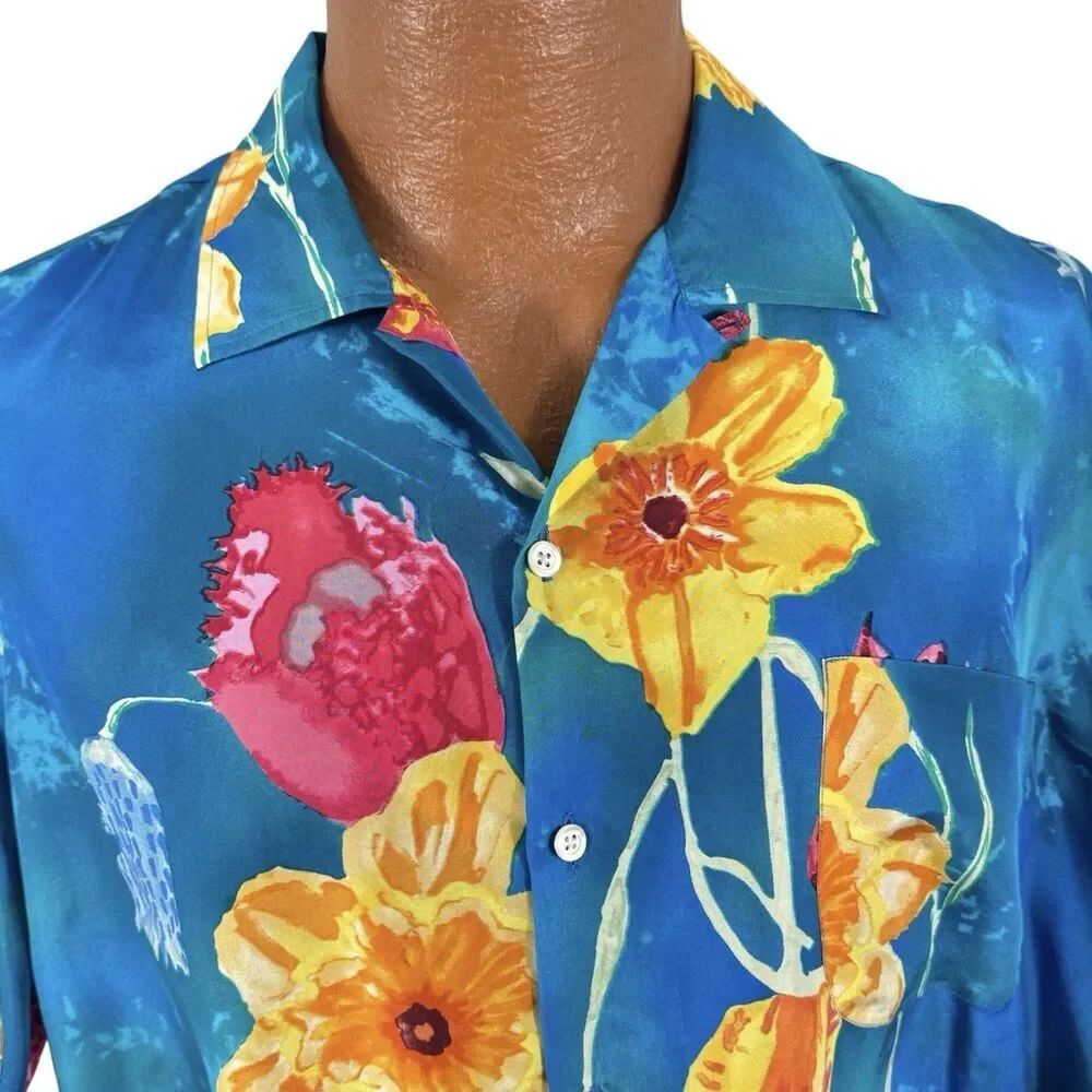 Ralph Lauren Sz L 100% Silk Loop Collar Floral Button Shirt Purple Label Italy